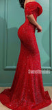 Simple One-shoulder Mermaid Sequin Red Long Prom Dresses.SW1255