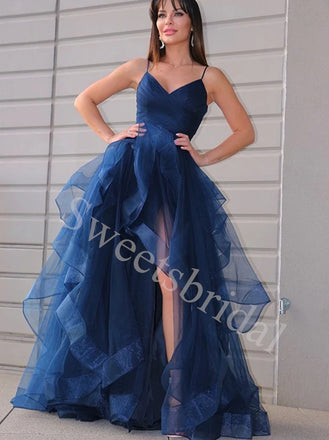 Elegant Spaghetti straps Side slit A-line Prom Dresses,SWW1759