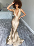 Sexy Gold Mermaid V-neck Simple Long Bridesmaid Dresses,SWE1252