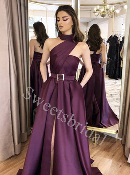 Elegant Halter Sleeveless Side slit A-line Prom Dresses,SW1847