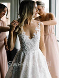Sexy V-neck Spaghetti straps A-line Lace applique Wedding Dresses,DB0308