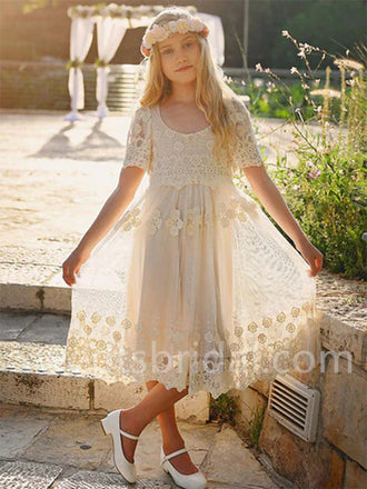 Beautiful Short sleeves Tulle A Line Flower Girl Dresses, FGS0037