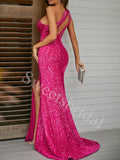 Elegant One shoulder Side slit Sheath Prom Dresses,SW1759