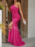 Elegant One shoulder Side slit Sheath Prom Dresses,SW1759