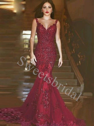 Sexy V-neck Spaghetti straps Mermaid Prom Dresses,SW1756