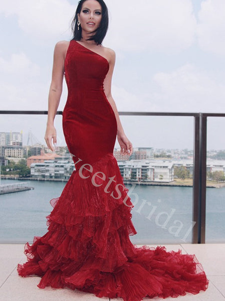 Red Elegant One shoulder Sleeveless Mermaid Prom Dresses,SWW1757