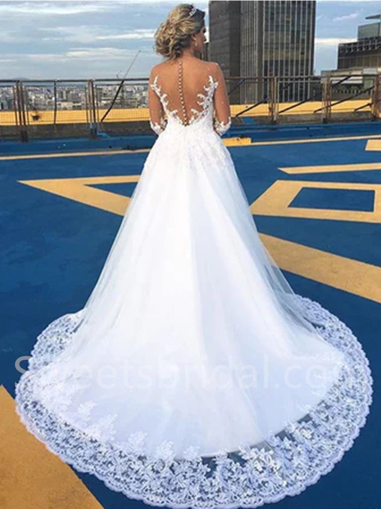 Elegant V-neck Long sleeves A-line Lace applique Wedding Dresses,DB0291