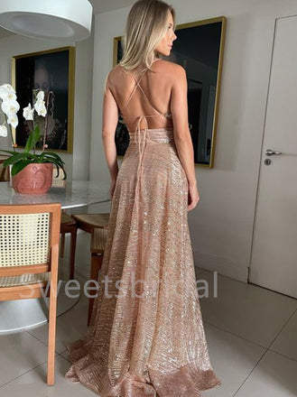 Sexy V-neck Sleeveless Side slit A-line Simple Prom Dresses ,SW1299