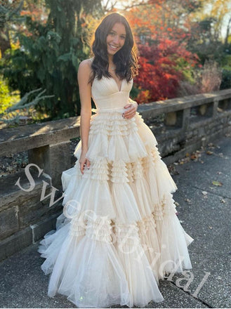 Elegant V-neck  Sleeveless Simple A-line Long Prom Dress,SW1953