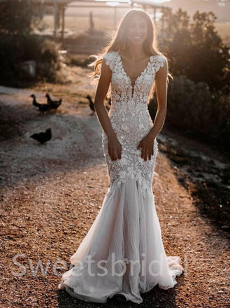 Simple V-neck Mermaid Lace applique Wedding Dresses,  DB0250