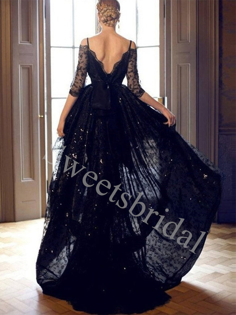 Hi-Lo Off Shoulder Black Lace Prom Dress with Sleeves