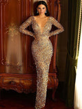 Popular V-Neck Mermaid Sequin Gold Long Sleeve Long Prom Dresses Online.SW1263