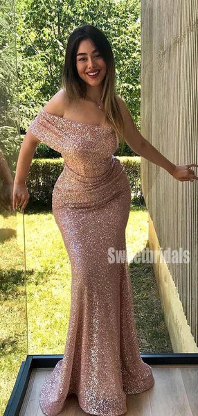 Popular One-shoulder Mermaid Sequin Gold Long Prom Dresses Online.SW1264