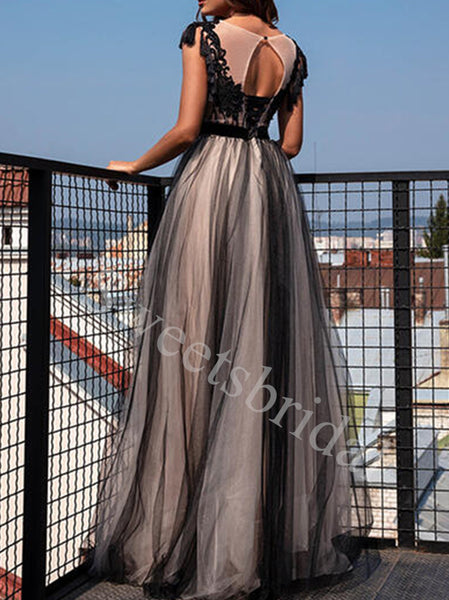 Elegant V-neck Cap sleeves A-line Prom Dresses,SW1777