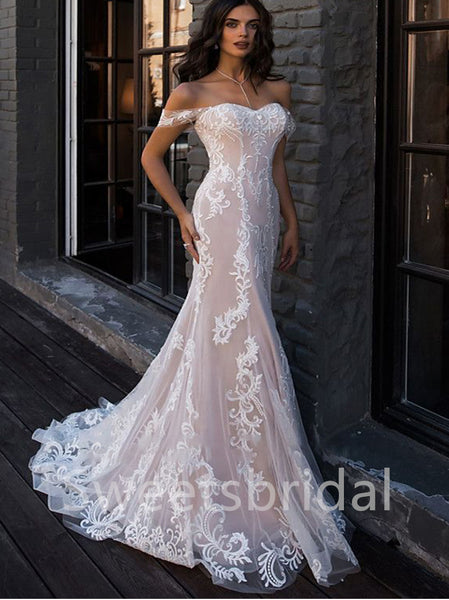 Elegant Sweetheart Off shoulder Mermaid Lace applique Wedding Dresses,DB0318