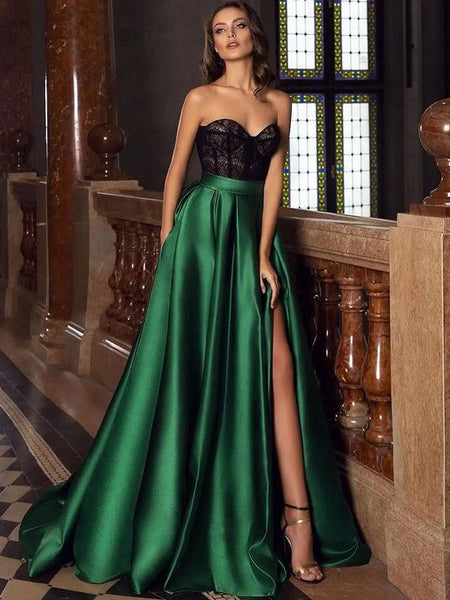 Charming Sweetheart A-line Satin Lace Green Long Prom Dresses.SW1289