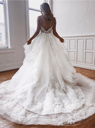 Sexy V-neck Spaghetti straps A-line Lace applique Wedding Dresses,DB0309