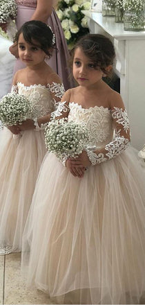Elegant Straight A-line Long Sleeve Tulle Lace Flower Girl Dresses, FGS0031