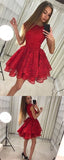 Elagant Round Neck Cheap Red Lace A Line Short Homecoming Dresses, BTW150