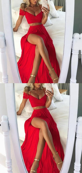Two Piece Bright Red Off Shoulder Spaghetti Straps High Side Split Prom Dresses,PD0126
