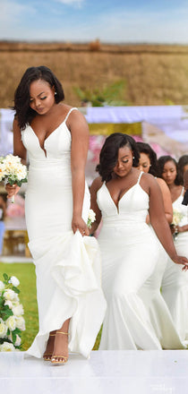 Mismatched V-neck White Cheap Mermaid Long Bridesmaid Dresses,SW1050