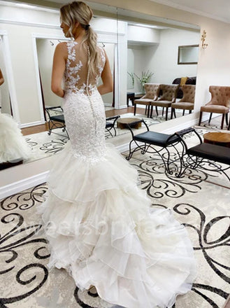 Elegant V-neck Sleeveless Mermaid lace applique Wedding Dresses,DB0278