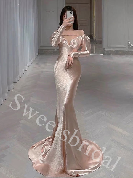 Elegant Off shoulder V-neck Long sleeves Mermaid Long Prom Dress,SW1936