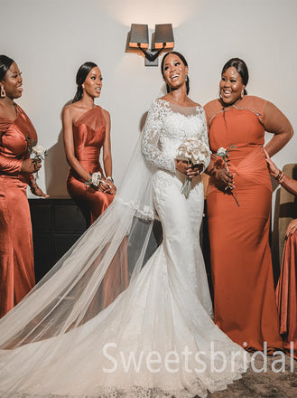 Mismatched One-shoulder Pleats Mermaid Sleeveless Bow knot Elegant Simple Long Bridesmaid Dresses,SWE1276