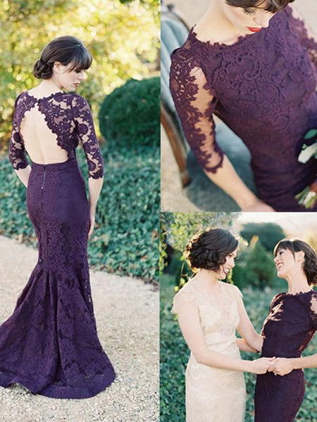 Elegant Half Sleeve Open Back Full Lace Scoop Neck Sexy Mermaid Normal Purple Prom Dress, WG190