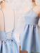 Simple Halter Light Blue Lace Up Satin A Line Short Homecoming Dress, BTW185