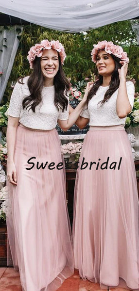 Sweet Short Sleeves Lace Top A Line Tulle Floor Length Long Bridesmaid Dresses,SW1043