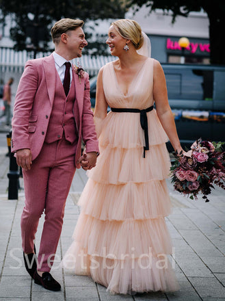 Simple V-neck Backless A-Line Floor-length Wedding Dresses,DB0183