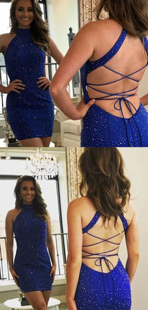 Pretty Royal Blue Halter Tight With Rhinestone Short Homecoming Dress, BTW206