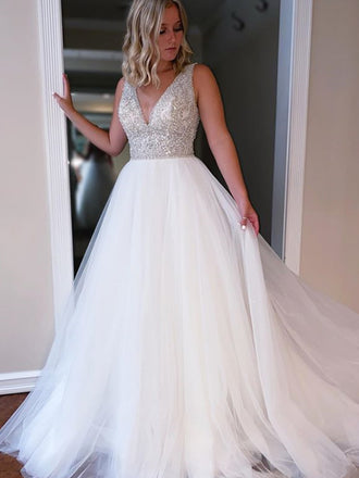 Simple V-neck A-line Tulle Evening Party Prom Dresses,SW1137