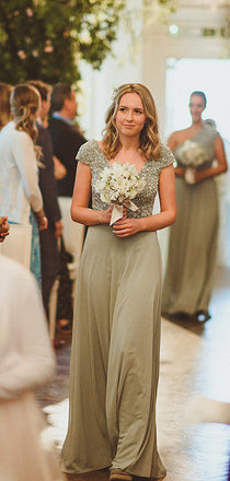 Simple V-neck Short Sleeve Chiffon Sequin Long Bridesmaid Dresses.DB10836