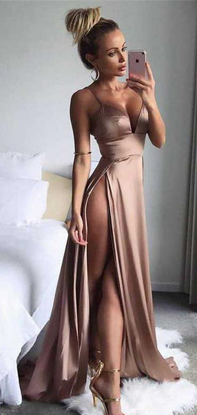 Sexy Spaghetti Strap High Side Slit A Line Long Evening Prom Dresses, PD0034
