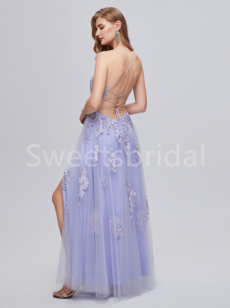 Elegant Spaghetti straps Side slit A-line Prom Dresses, SW1483