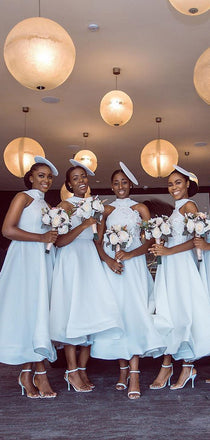 Vintage Halter A-line Sleeveless Satin Short Bridesmaid Dresses,DPB3111