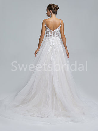Elegant Spaghetti straps V-neck A-line Lace applique Wedding Dresses, DB0262