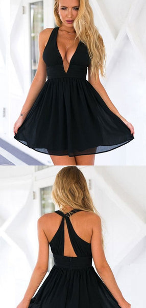 Simple Black Deep V Neck Chiffon A Line Short Homecoming Dress, BTW212