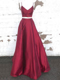 Elegant Burgundy Satin Spaghetti Strap Floor Length Evening Prom Dresses, SW0051