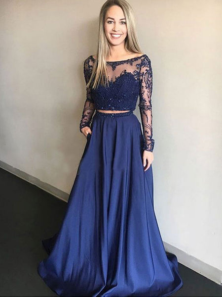 Pretty Two Pieces Lace Top Beaded Long Sleeves Long Evening Prom Dresses, SW0038