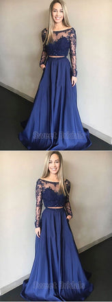 Pretty Two Pieces Lace Top Beaded Long Sleeves Long Evening Prom Dresses, SW0038