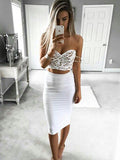 Chic Two Pieces White Lace Top Knee Length Homecoming Dresses, SW0017