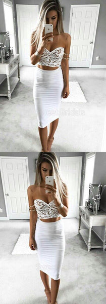 Chic Two Pieces White Lace Top Knee Length Homecoming Dresses, SW0017