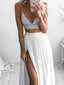 Chic Two Pieces White Spaghetti Strap V-Neck High Side Slit Floor Length Evening Prom Dresses, SW0045