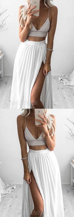 Chic Two Pieces White Spaghetti Strap V-Neck High Side Slit Floor Length Evening Prom Dresses, SW0045