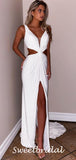 Sexy V-neck Spaghetti Strap Side Slit White Long Prom Dresses.SW1182