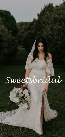 Vintage Mermaid Lace Sequin Side Slit 1/2 Sleeves Long Wedding Dresses Evening Dresses,WD1145