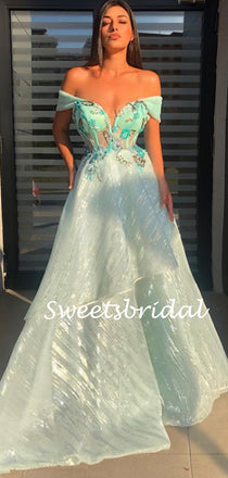 Simple Off-shoulder Tulle A-line Long Prom Dresses.SW1148